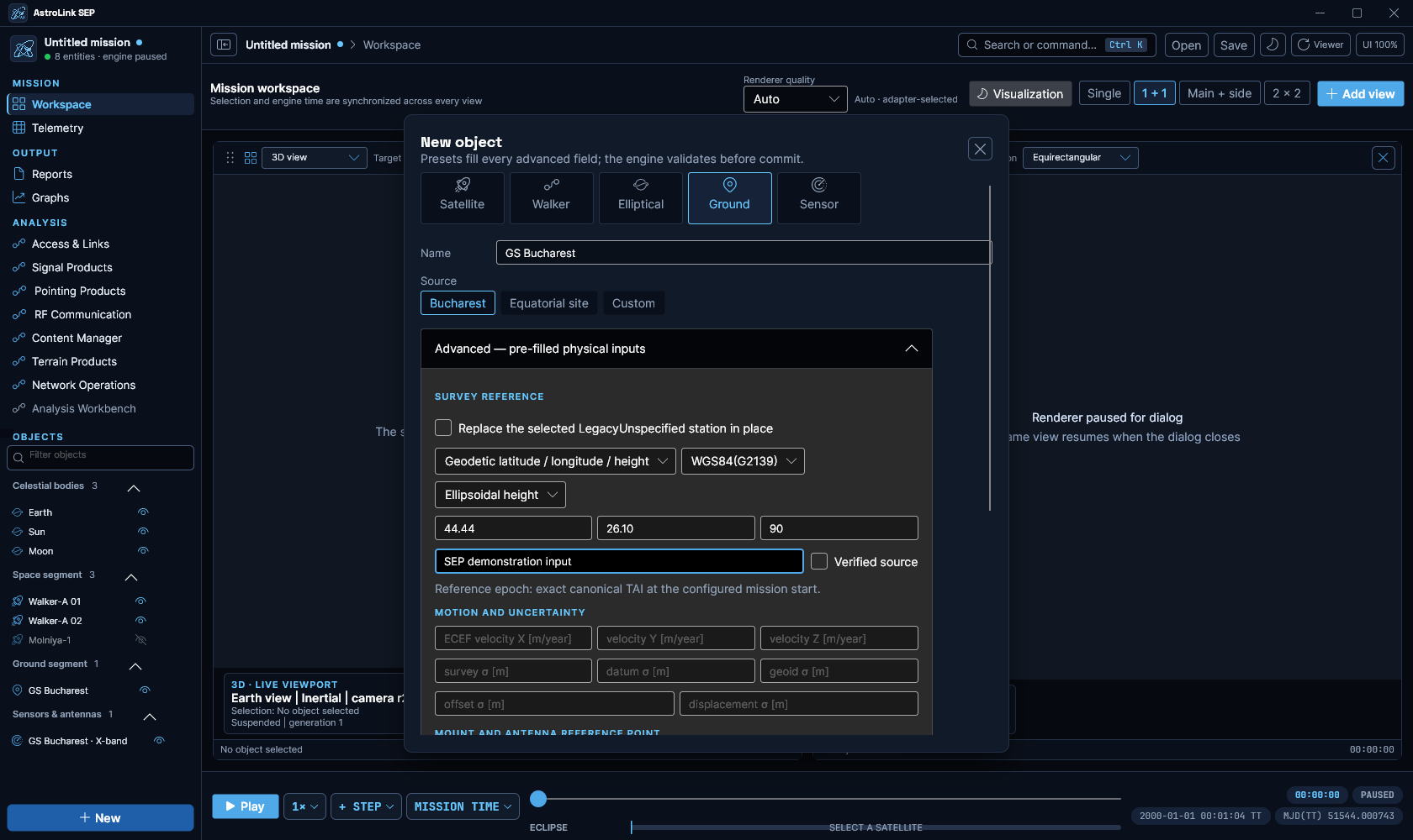AstroLink SEP ground-station editor with geodetic coordinates, reference-frame and uncertainty inputs