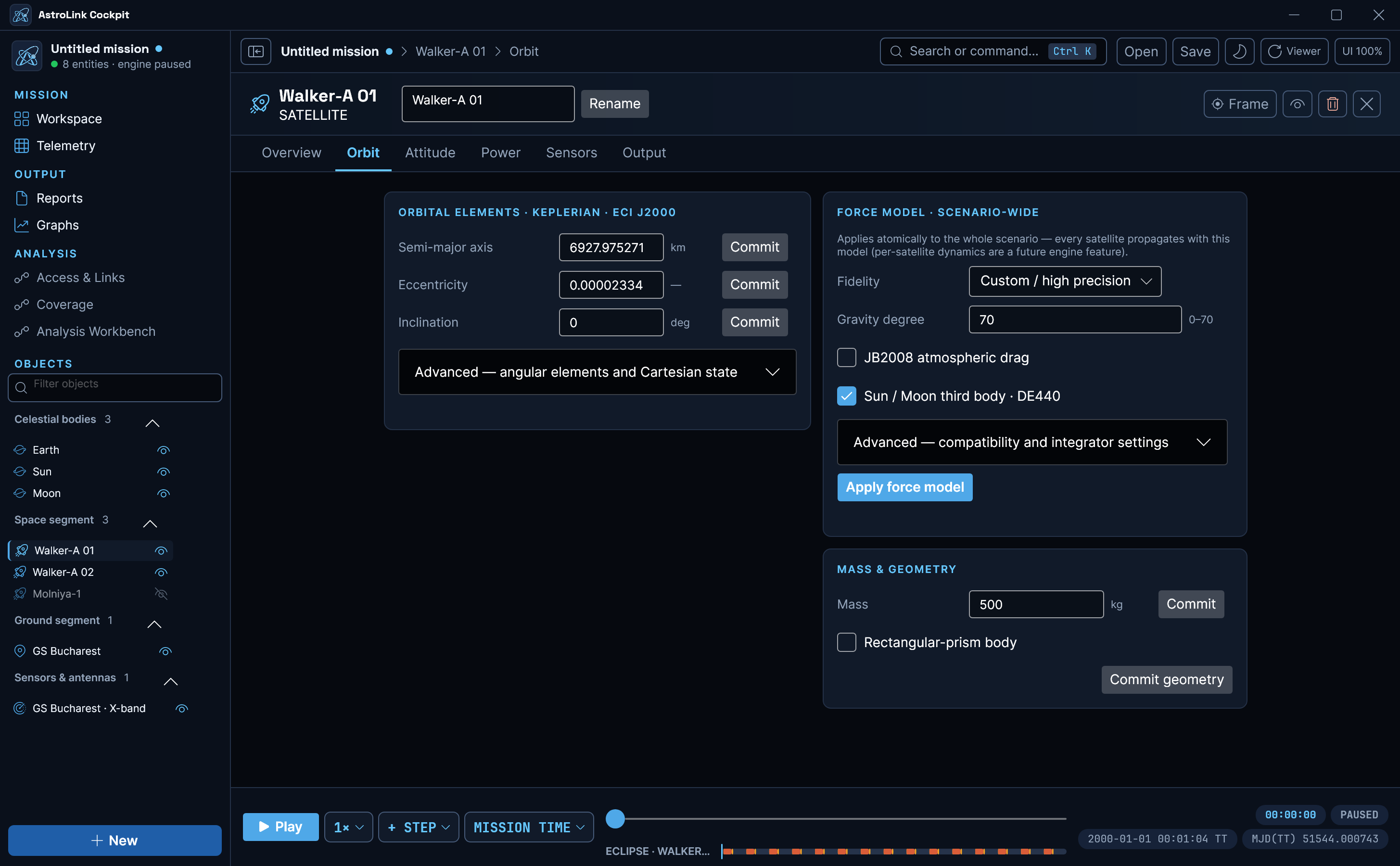 AstroLink Orbit page showing orbital elements and the high-precision force model